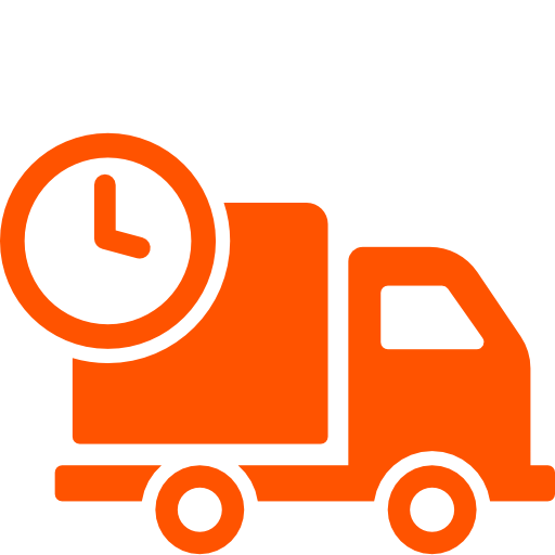 Rigueur et proximité Icône d'un camion de livraison orange avec une horloge, symbolisant un service rapide.